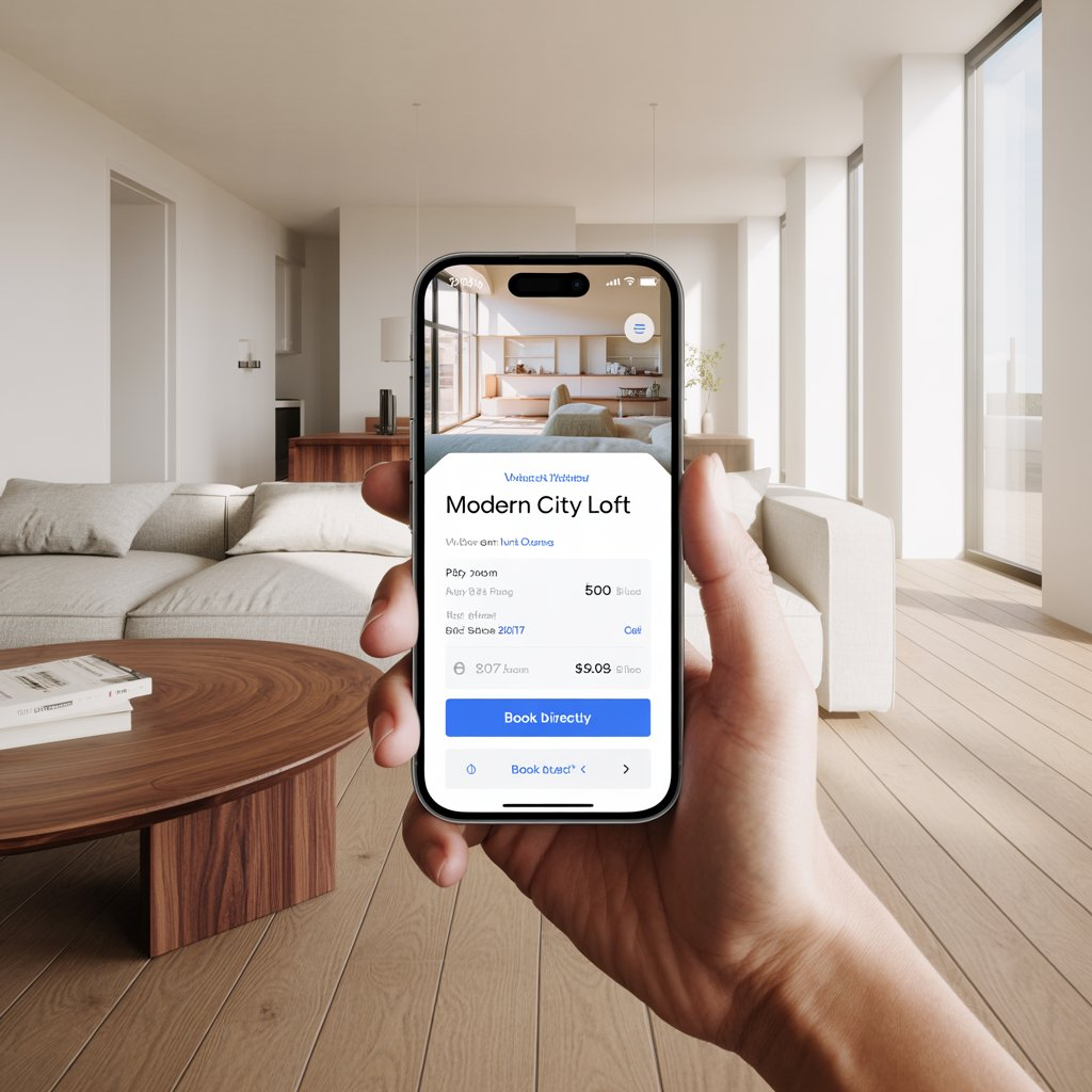 A hand holding a high-end smartphone displaying a professional short-term rental booking app interface for a modern city loft, emphasizing guest data ownership and independence from high-fee platforms.