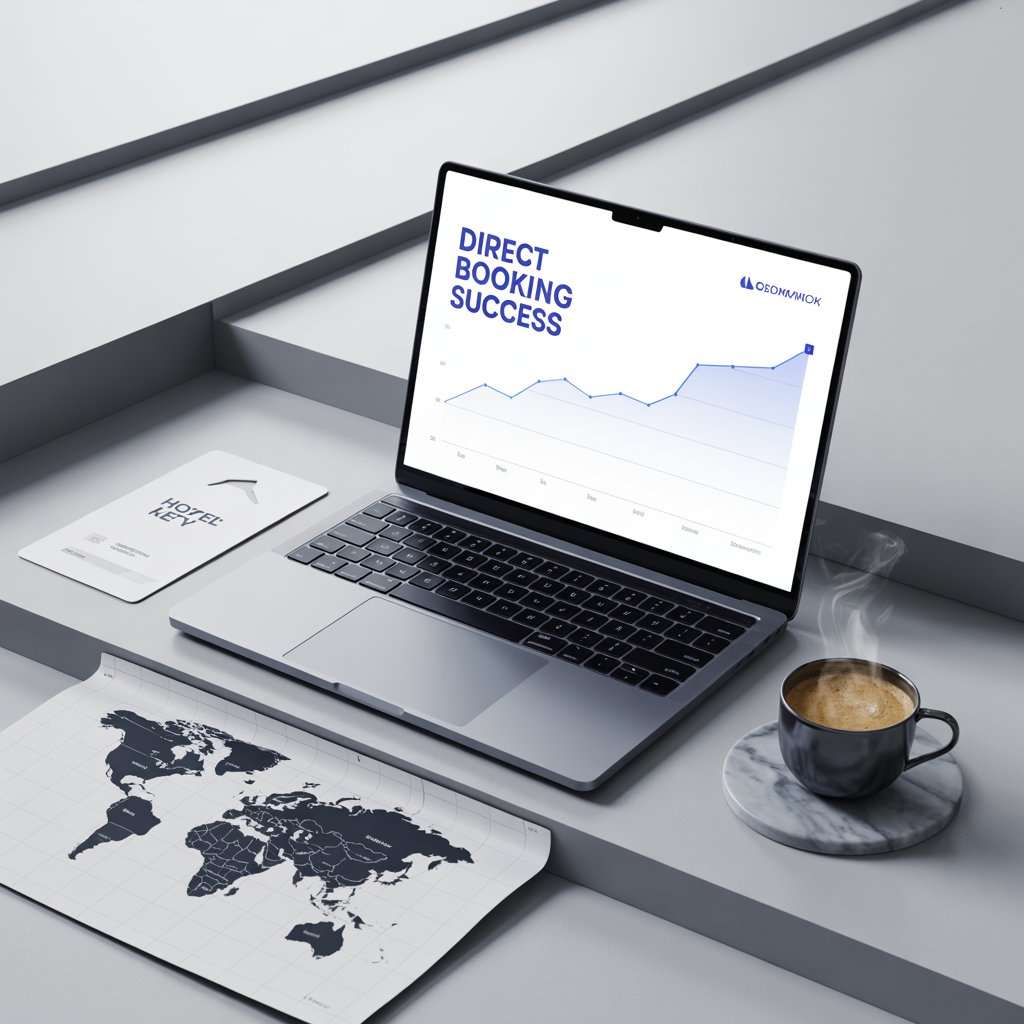 A high-end laptop on a minimalist desk showing a 'Direct Booking Success' growth chart, representing a commission-free booking engine solution for hospitality entrepreneurs.