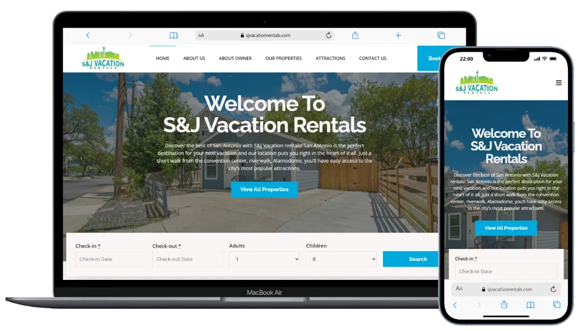 A professional direct booking website hero section displayed on a laptop and smartphone mockup, showcasing a high-conversion design for vacation rentals to increase revenue and bypass OTA fees.