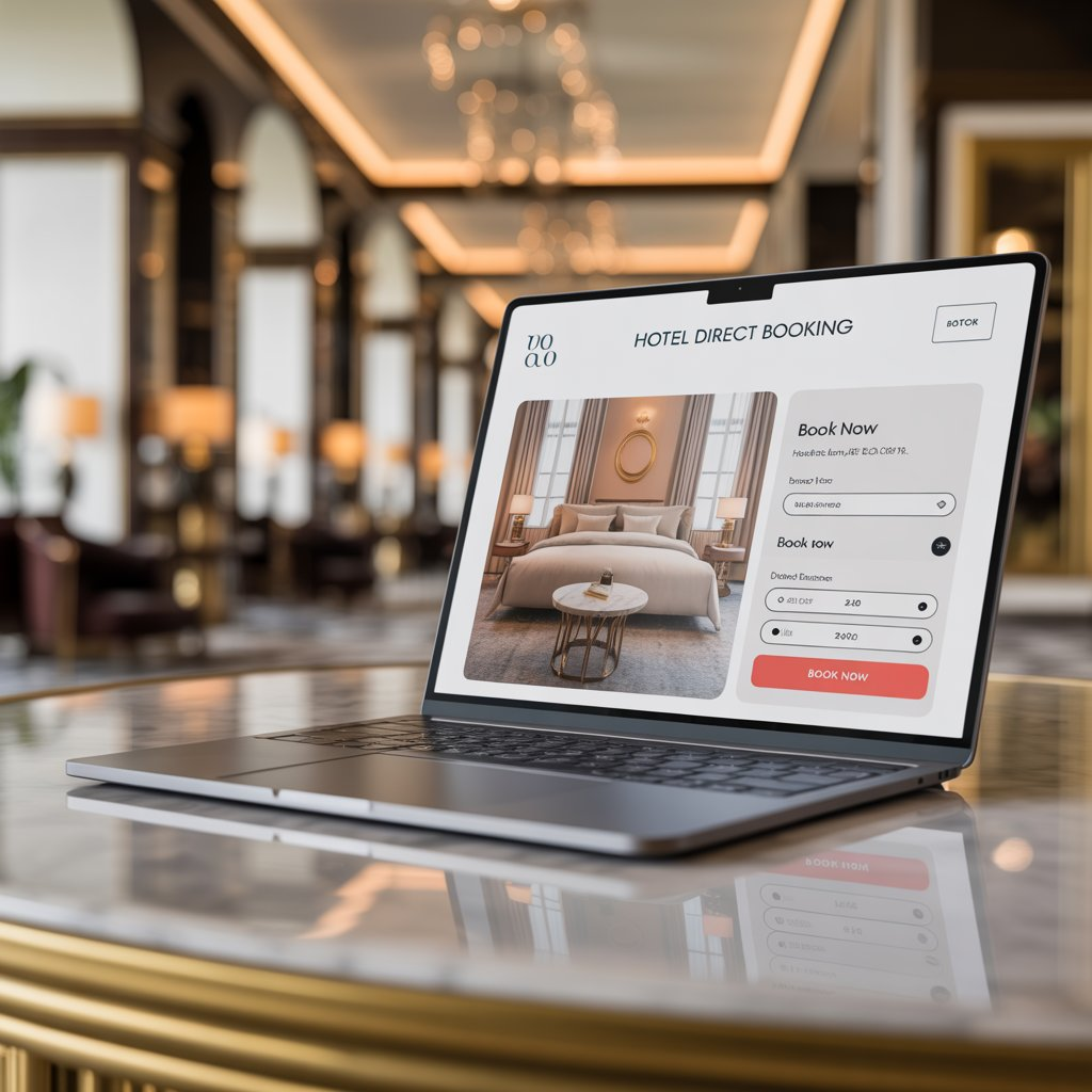 A high-end laptop display showing a boutique hotel direct booking interface on a marble table in a luxury hotel lobby, highlighting PMS synchronization and commission-free revenue features.