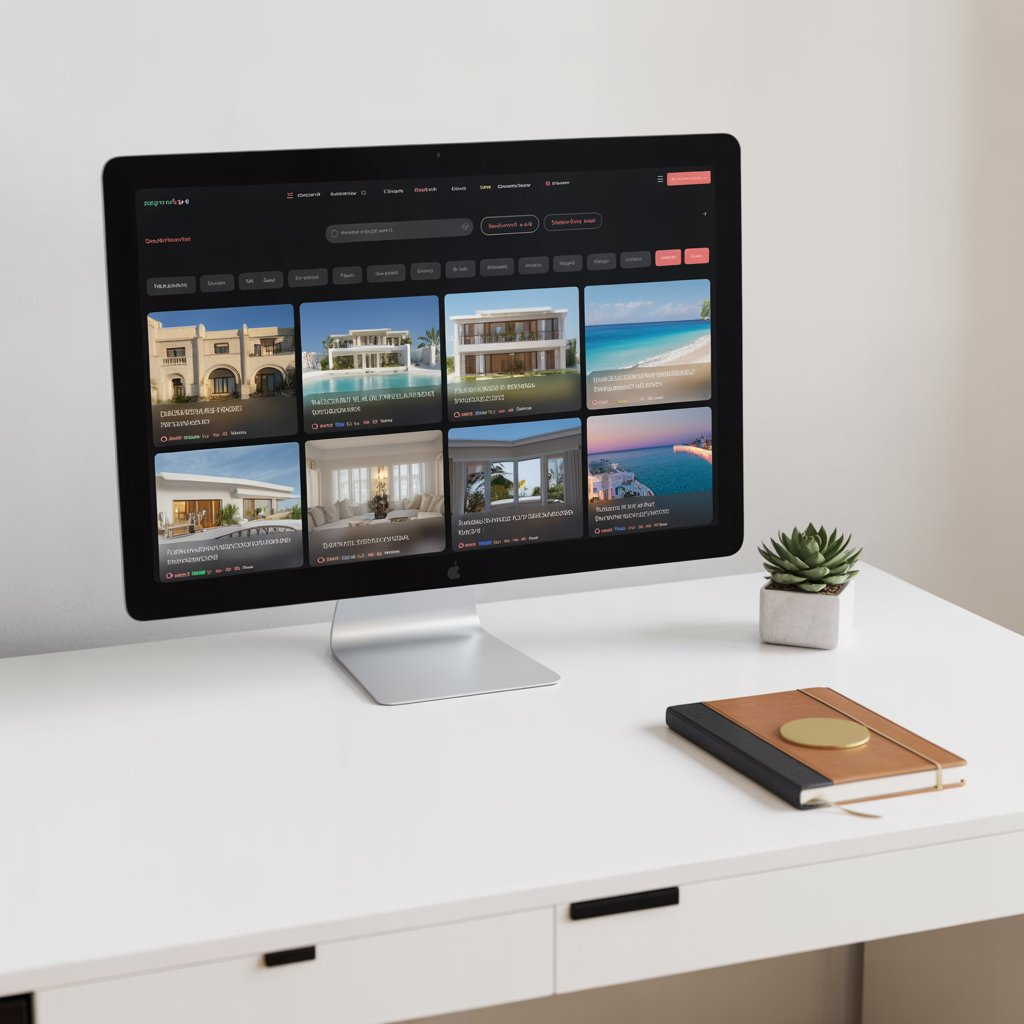 A comprehensive short-term rental website design and SEO strategy showcase, featuring high-impact visuals of a luxury modern villa with a pool to build guest trust and desire.